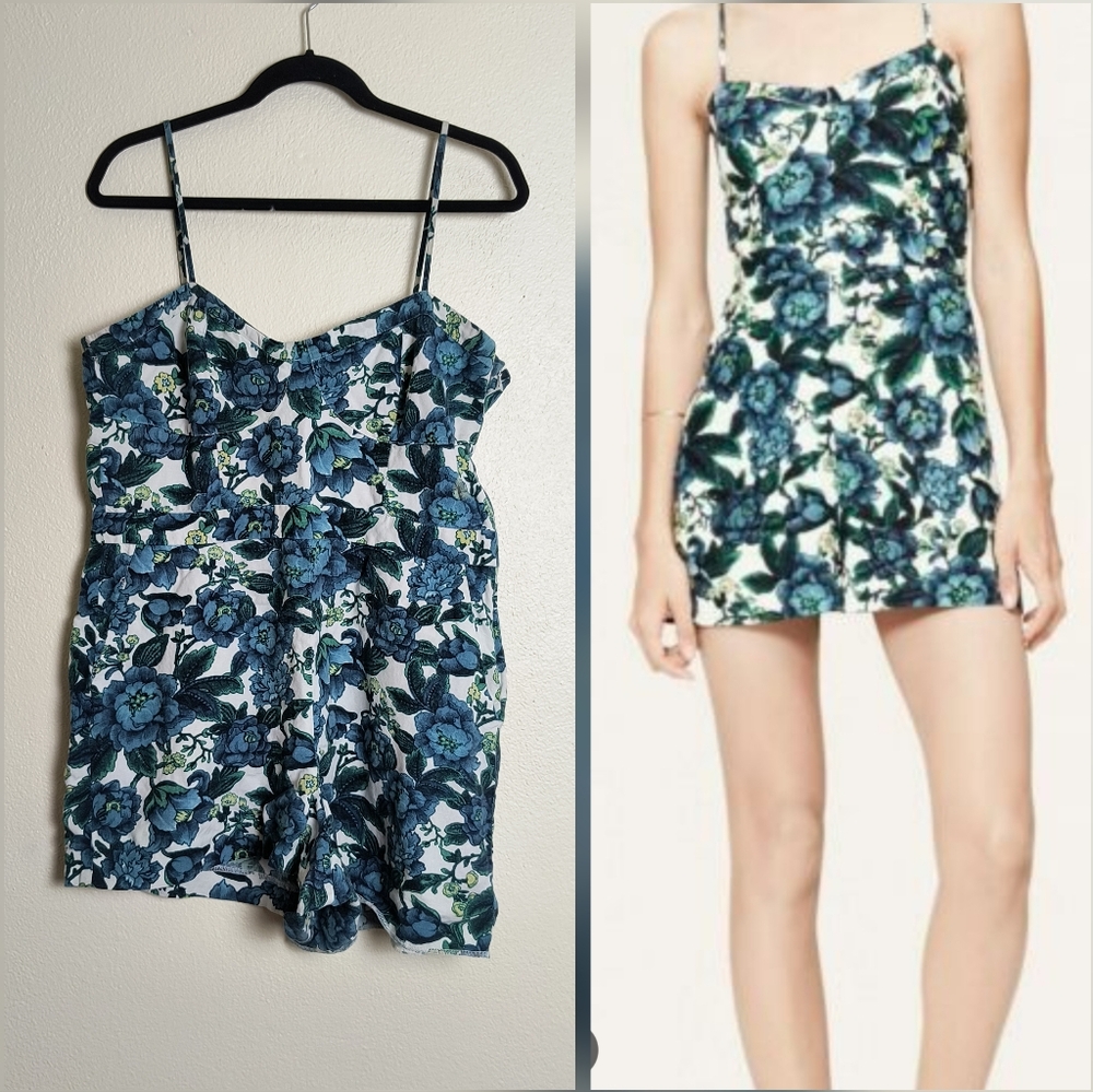 LOFT Size 14 Bustier Romper Linen Blend Teal and White Floral Lounge Wear Chic